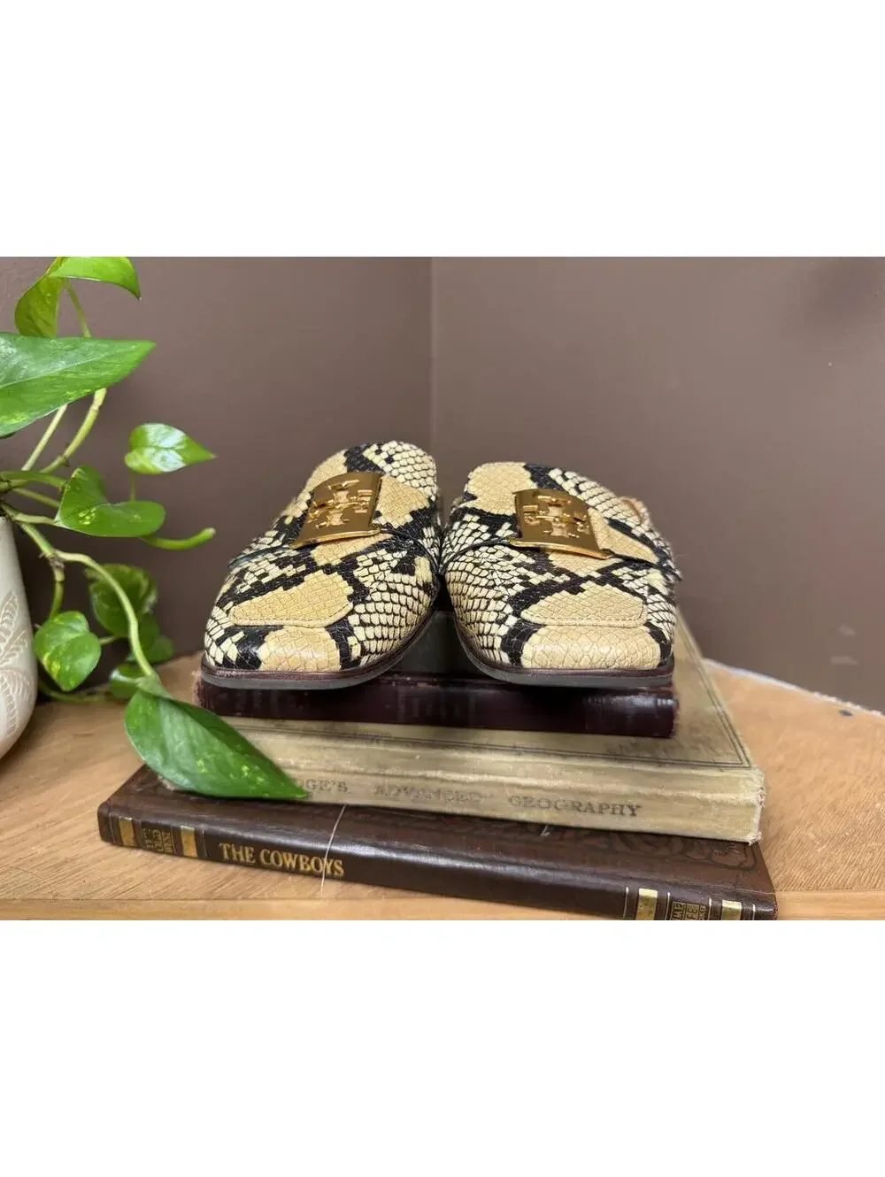Tory Burch G Georgia mule slide loafer, snake print, gold logo buckle size 8.5